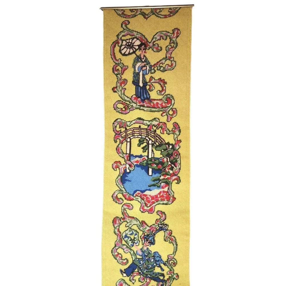 Vintage MCM Mid Century Modern Asian Inspired Needlepoint Wall Tapestry Hanging